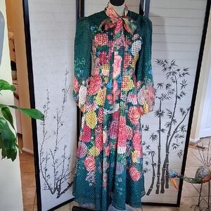 Vibrant Floral Maxi Dress with Bow Tie, Sheer Sleeves